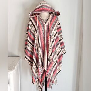 Free People Surfer Girl Hooded Poncho Fringe Hem, Bohemian Ivory Stripe, OS
